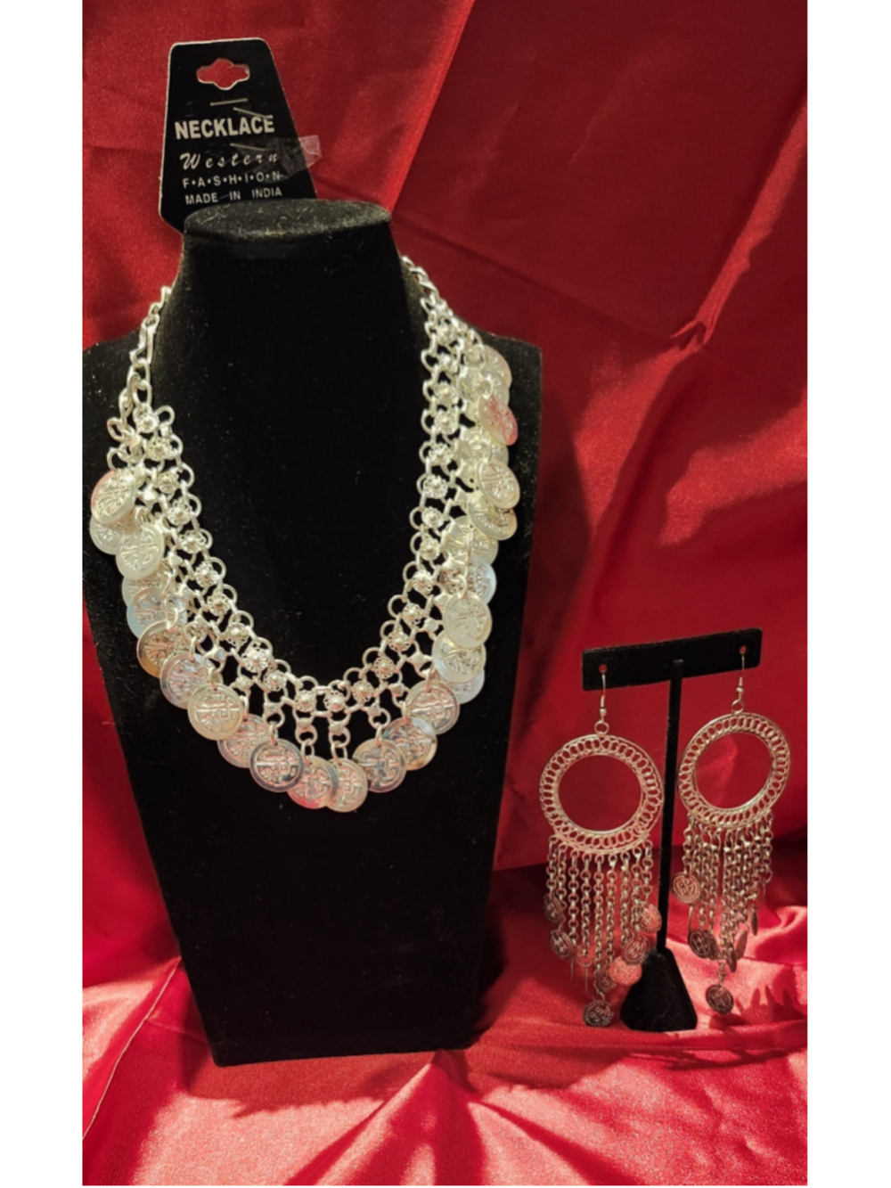 Silver Coin Necklace and Earring Set